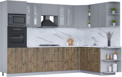 Кухонный гарнитур Интерлиния Мила 1.88x3.0 правая (серебро/дуб веллингтон/белый гранит) - фото