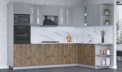 Кухонный гарнитур Интерлиния Мила 1.88x3.0 правая (серебро/дуб веллингтон/белый гранит)