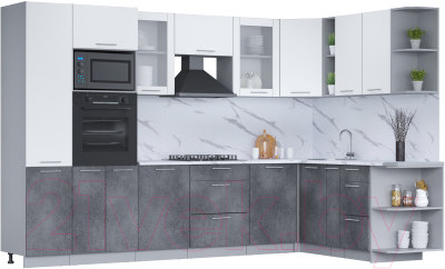 Кухонный гарнитур Интерлиния Мила 1.88x3.2 правая (белый платинум/бетон портленд/белый гранит) - фото