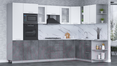 Кухонный гарнитур Интерлиния Мила 1.88x3.2 правая (белый платинум/бетон портленд/белый гранит)