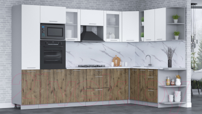 Кухонный гарнитур Интерлиния Мила 1.88x3.2 правая (белый платинум/дуб веллингтон/белый гранит)