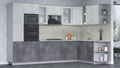 Кухонный гарнитур Интерлиния Мила 1.88x3.2 правая (бетон лайт/бетон портленд/опал светлый)