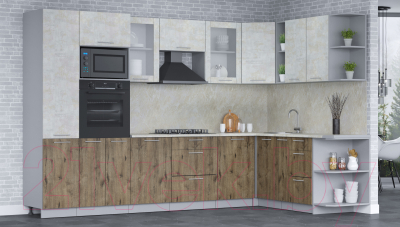 Кухонный гарнитур Интерлиния Мила 1.88x3.2 правая (бетон лайт/дуб веллингтон/опал светлый)