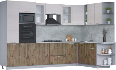 Кухонный гарнитур Интерлиния Мила 1.88x3.2 правая (вудлайн кремовый/дуб веллингтон/серый каспий) - фото