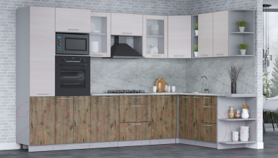 Кухонный гарнитур Интерлиния Мила 1.88x3.2 правая (вудлайн кремовый/дуб веллингтон/серый каспий)