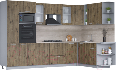 Кухонный гарнитур Интерлиния Мила 1.88x3.2 правая (дуб веллингтон/дуб веллингтон/травертин серый) - фото