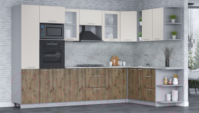 Кухонный гарнитур Интерлиния Мила 1.88x3.2 правая (персидский жемчуг/дуб веллингтон/серый каспий)