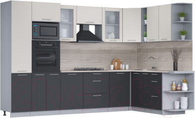 Кухонный гарнитур Интерлиния Мила 1.88x3.2 правая (персидский жемчуг/антрацит/травертин серый) - фото