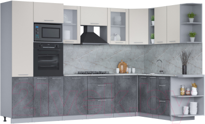 Кухонный гарнитур Интерлиния Мила 1.88x3.2 правая (персидский жемчуг/бетон портленд/серый каспий) - фото