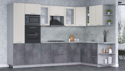 Кухонный гарнитур Интерлиния Мила 1.88x3.2 правая (персидский жемчуг/бетон портленд/серый каспий)