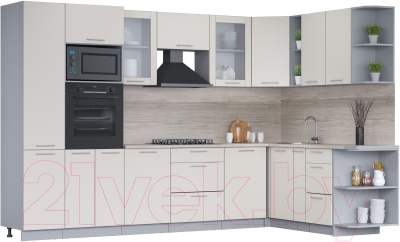 Кухонный гарнитур Интерлиния Мила 1.88x3.2 правая (персидский жемчуг/персидский жемчуг/травертин серый) - фото