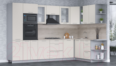 Кухонный гарнитур Интерлиния Мила 1.88x3.2 правая (персидский жемчуг/персидский жемчуг/травертин серый)