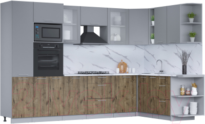 Кухонный гарнитур Интерлиния Мила 1.88x3.2 правая (серебро/дуб веллингтон/белый гранит) - фото