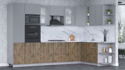 Кухонный гарнитур Интерлиния Мила 1.88x3.2 правая (серебро/дуб веллингтон/белый гранит)