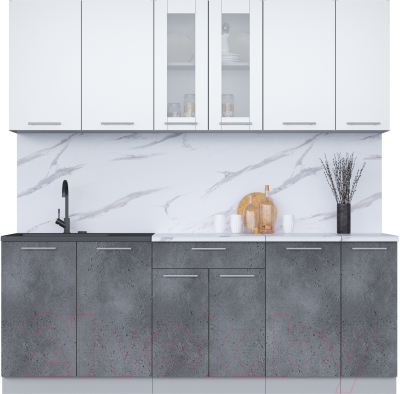 Кухонный гарнитур Интерлиния Мила 21 (белый платинум/бетон портленд/белый гранит) - фото