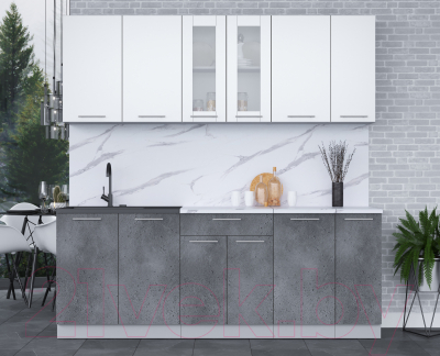 Кухонный гарнитур Интерлиния Мила 21 (белый платинум/бетон портленд/белый гранит)