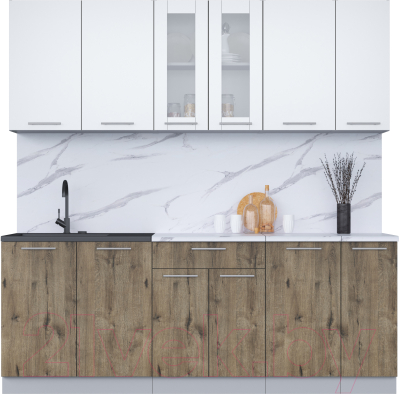 Кухонный гарнитур Интерлиния Мила 21 (белый платинум/дуб веллингтон/белый гранит) - фото