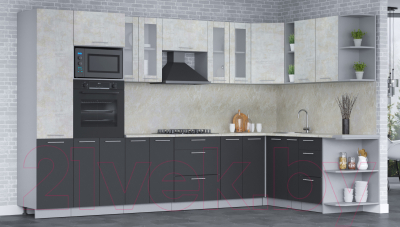 Кухонный гарнитур Интерлиния Мила 1.88x3.4 правая (бетон лайт/антрацит/опал светлый)