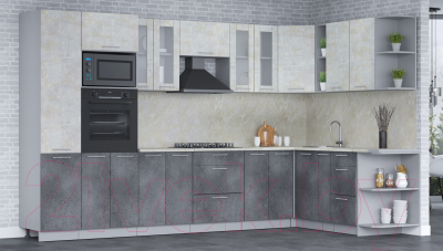 Кухонный гарнитур Интерлиния Мила 1.88x3.4 правая (бетон лайт/бетон портленд/опал светлый)