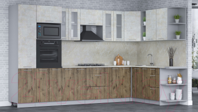 Кухонный гарнитур Интерлиния Мила 1.88x3.4 правая (бетон лайт/дуб веллингтон/опал светлый)