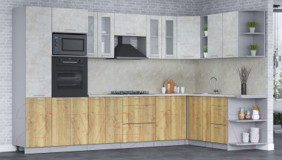 Кухонный гарнитур Интерлиния Мила 1.88x3.4 правая (бетон лайт/дуб золотой/опал светлый)