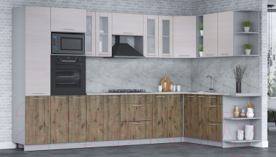 Кухонный гарнитур Интерлиния Мила 1.88x3.4 правая (вудлайн кремовый/дуб веллингтон/серый каспий)