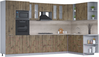 Кухонный гарнитур Интерлиния Мила 1.88x3.4 правая (дуб веллингтон/дуб веллингтон/травертин серый) - фото