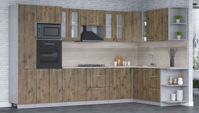 Кухонный гарнитур Интерлиния Мила 1.88x3.4 правая (дуб веллингтон/дуб веллингтон/травертин серый)