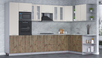 Кухонный гарнитур Интерлиния Мила 1.88x3.4 правая (персидский жемчуг/дуб веллингтон/серый каспий)