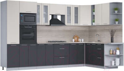 Кухонный гарнитур Интерлиния Мила 1.88x3.4 правая (персидский жемчуг/антрацит/травертин серый) - фото