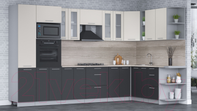 Кухонный гарнитур Интерлиния Мила 1.88x3.4 правая (персидский жемчуг/антрацит/травертин серый)