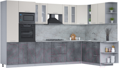 Кухонный гарнитур Интерлиния Мила 1.88x3.4 правая (персидский жемчуг/бетон портленд/серый каспий) - фото