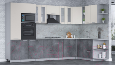 Кухонный гарнитур Интерлиния Мила 1.88x3.4 правая (персидский жемчуг/бетон портленд/серый каспий)