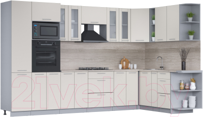 Кухонный гарнитур Интерлиния Мила 1.88x3.4 правая (персидский жемчуг/персидский жемчуг/травертин серый) - фото