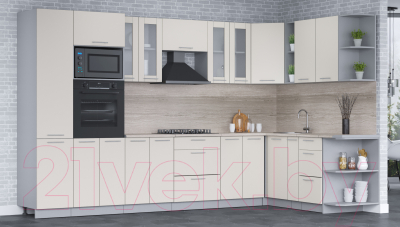 Кухонный гарнитур Интерлиния Мила 1.88x3.4 правая (персидский жемчуг/персидский жемчуг/травертин серый)