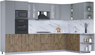 Кухонный гарнитур Интерлиния Мила 1.88x3.4 правая (серебро/дуб веллингтон/белый гранит) - фото