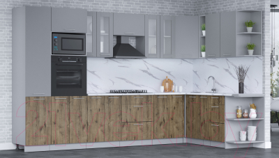 Кухонный гарнитур Интерлиния Мила 1.88x3.4 правая (серебро/дуб веллингтон/белый гранит)