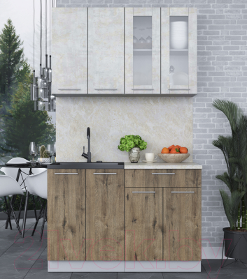 Кухонный гарнитур Интерлиния Мила 12 (бетон лайт/дуб веллингтон/опал светлый)