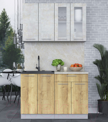 Кухонный гарнитур Интерлиния Мила 12 (бетон лайт/дуб золотой/опал светлый)