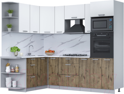Кухонный гарнитур Интерлиния Мила Лайт 1.68x2.4 левая (белый платинум/дуб веллингтон/белый гранит) - фото