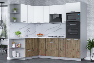 Кухонный гарнитур Интерлиния Мила Лайт 1.68x2.4 левая (белый платинум/дуб веллингтон/белый гранит)