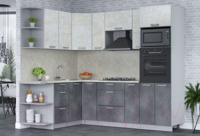 Кухонный гарнитур Интерлиния Мила Лайт 1.68x2.4 левая (бетон лайт/бетон портленд/опал светлый)