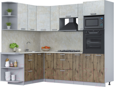 Кухонный гарнитур Интерлиния Мила Лайт 1.68x2.4 левая (бетон лайт/дуб веллингтон/опал светлый) - фото