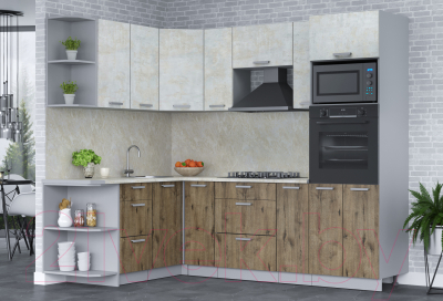 Кухонный гарнитур Интерлиния Мила Лайт 1.68x2.4 левая (бетон лайт/дуб веллингтон/опал светлый)