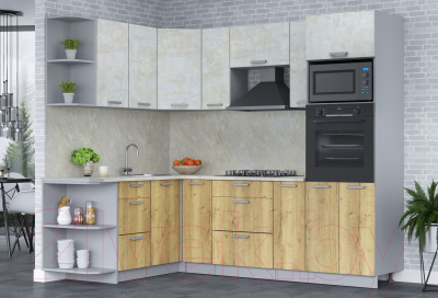 Кухонный гарнитур Интерлиния Мила Лайт 1.68x2.4 левая (бетон лайт/дуб золотой/опал светлый)