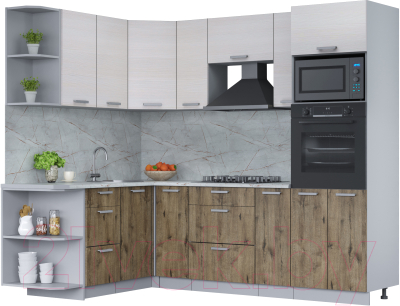 Кухонный гарнитур Интерлиния Мила Лайт 1.68x2.4 левая (вудлайн кремовый/дуб веллингтон/серый каспий) - фото