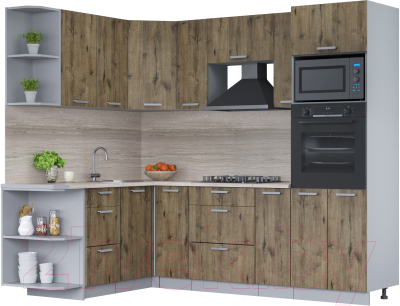 Кухонный гарнитур Интерлиния Мила Лайт 1.68x2.4 левая (дуб веллингтон/дуб веллингтон/травертин серый) - фото