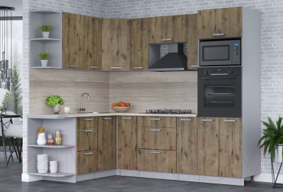 Кухонный гарнитур Интерлиния Мила Лайт 1.68x2.4 левая (дуб веллингтон/дуб веллингтон/травертин серый)