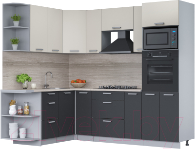 Кухонный гарнитур Интерлиния Мила Лайт 1.68x2.4 левая (персидский жемчуг/антрацит/травертин серый) - фото