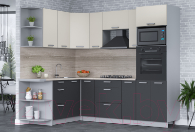 Кухонный гарнитур Интерлиния Мила Лайт 1.68x2.4 левая (персидский жемчуг/антрацит/травертин серый)